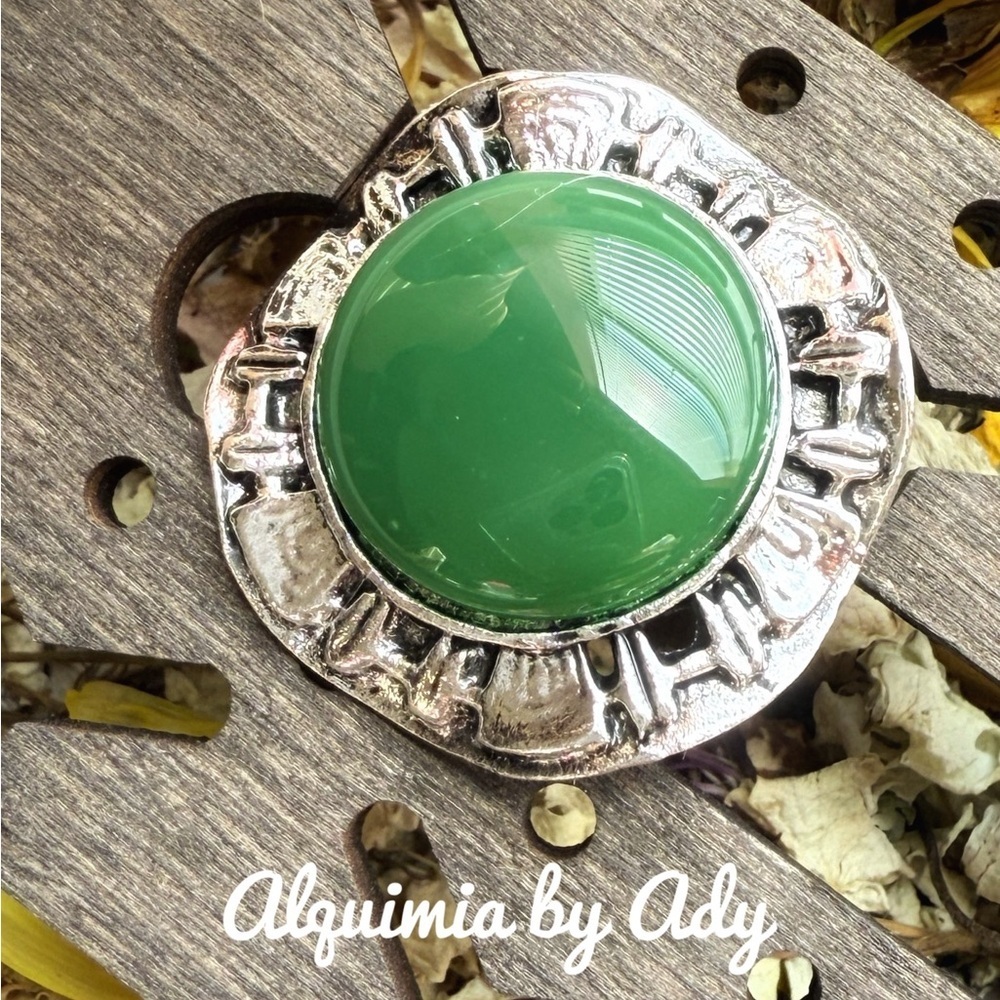 Oversized round aventurine disc silver gem ring